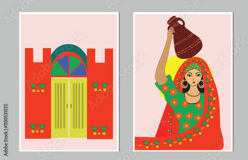 Egyptian farmer woman , Egyptian house, creative freehand composition in contemporary abstract style with colorful geometric elements. Tempura design for print, canvas, poster