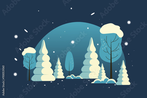 Winter landscape with fir trees and fir trees. Vector illustration of winter, flat style. Winter evening.