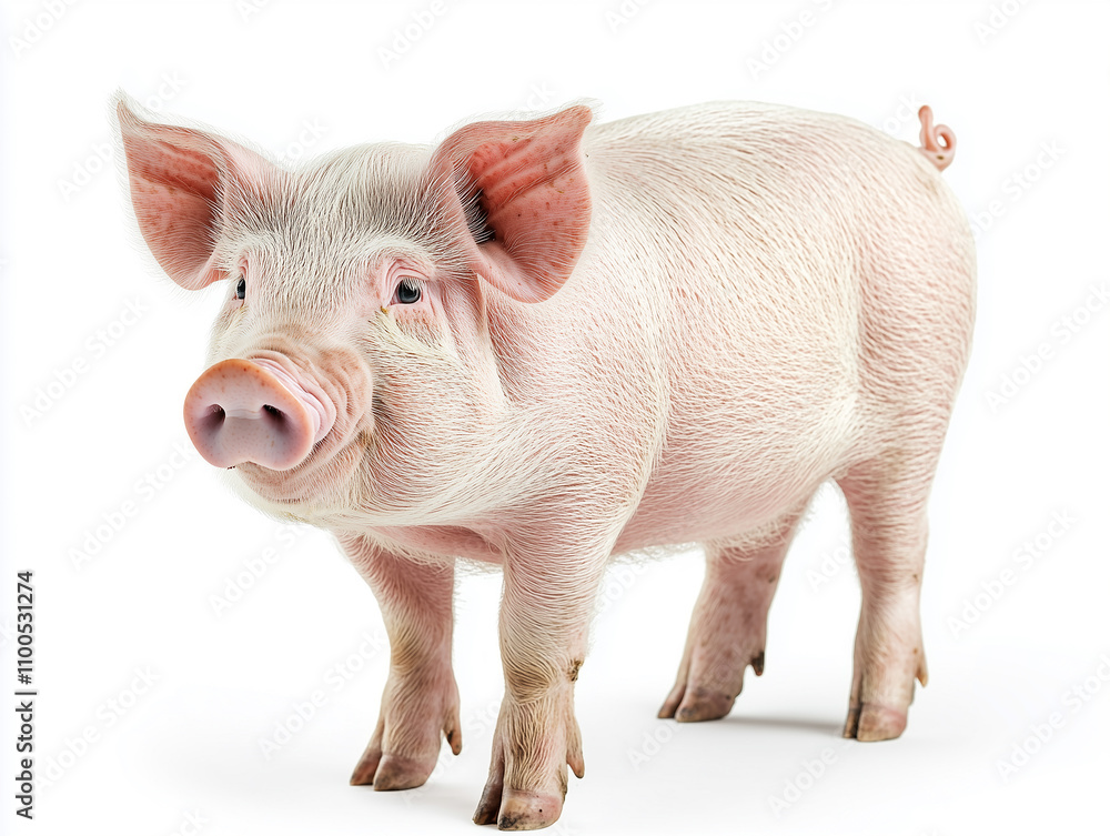 Fototapeta premium Cute pink piglet standing on all fours in a bright, clean space with a friendly demeanor