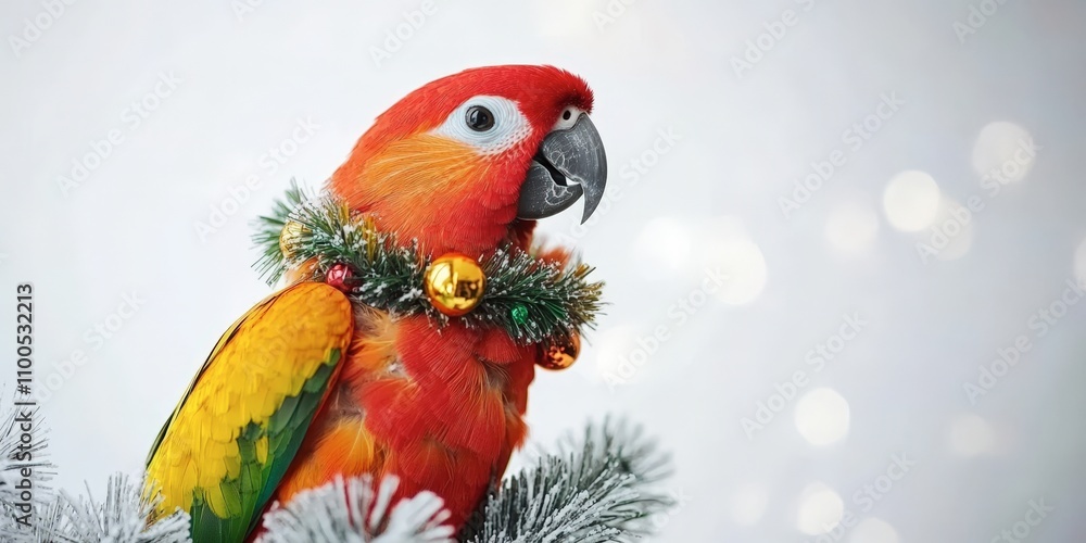Fototapeta premium Festive Sun Conure Parrot on Snowy Branch