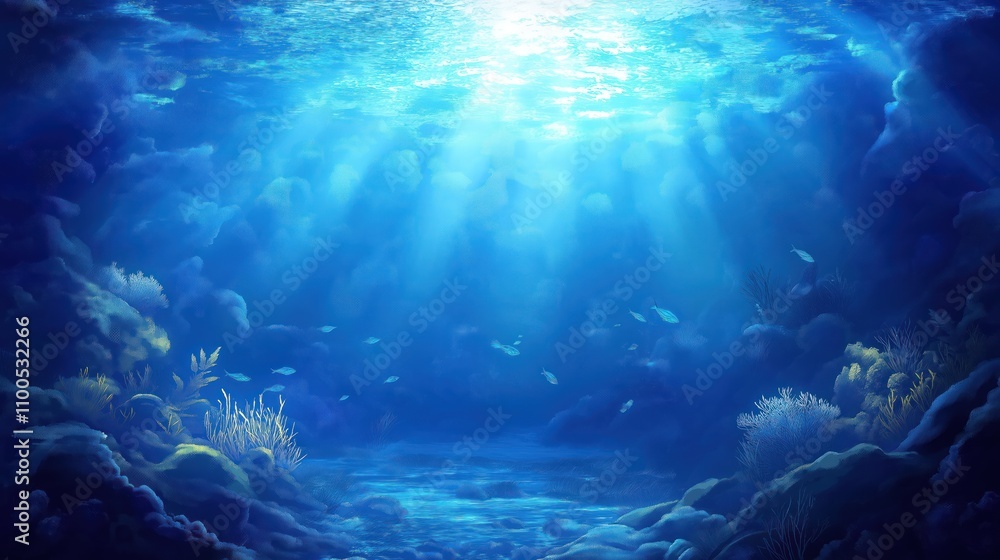 Obraz premium Tranquil underwater scene. Sunlight beams through clear water. Coral reefs and small fish swim in deep blue water. Peaceful and serene. Perfect for nature lovers. Ocean depths. Calm water. Soft light.
