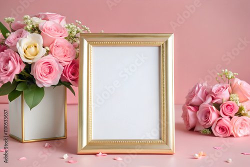  Mockup of a gold frame surrounded by pink rose bouquets and petals on a pastel pink background. Perfect for wedding table numbers, signage, or romantic celebrations.