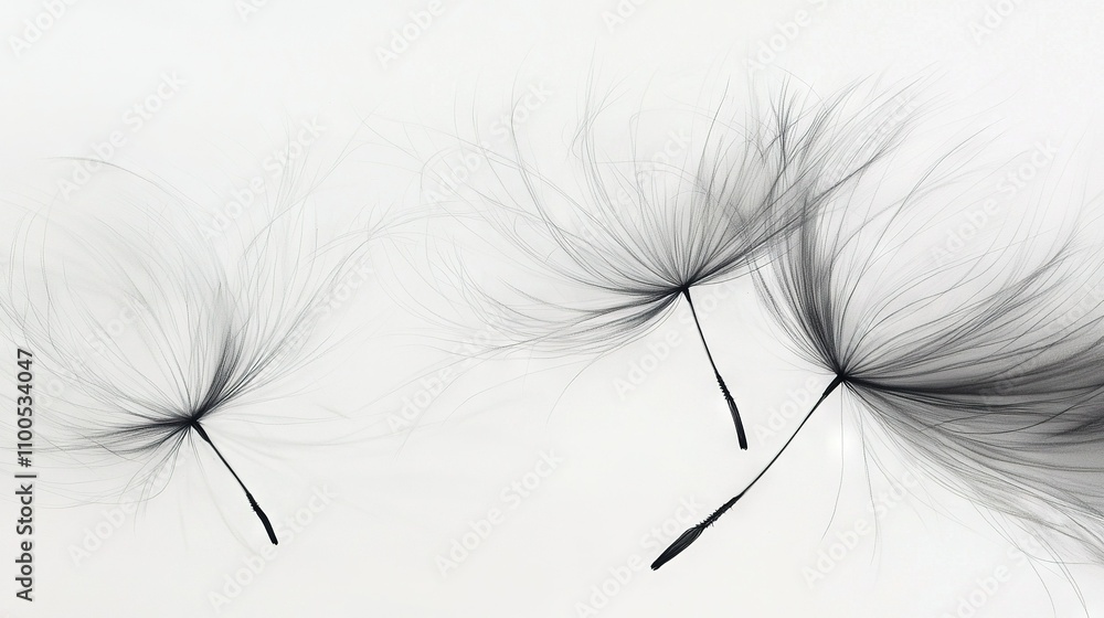 Obraz premium A black & white photo of two dandelions blowing in the wind on a white background, with only one dandelion in the foreground