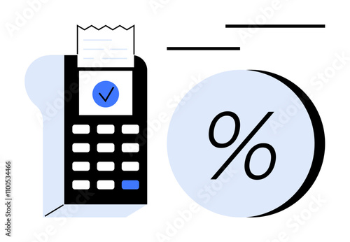 Receipt printer with printed paper and check mark, next to a large percentage symbol and lines. Ideal for financial services, banking, retail, budgeting, accounting, digital payments, interest rates photo