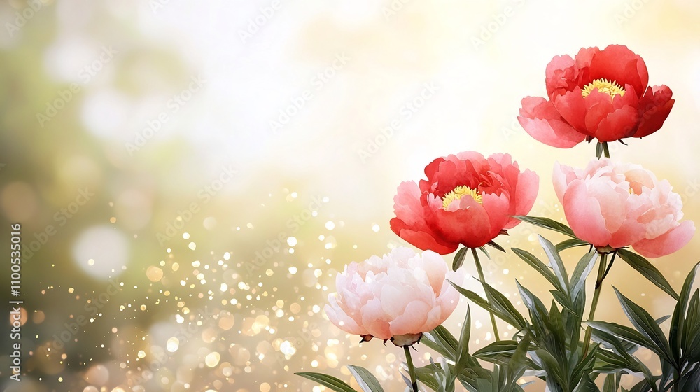 Obraz premium Vibrant Watercolor Peonies in Warm Golden Glow Backdrop