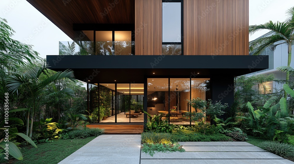 Fototapeta premium A newly built two-story house stands in a quiet residential area during twilight. The structure features large windows and a minimalist design, highlighting its modern appeal
