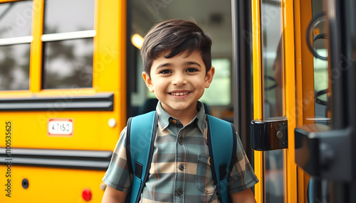 Schoolboy getting on the school bus. American School. Back to school. Kid of primary school. Happy children ready to study. Happy little Student isolated highlighted by white, png photo