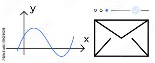 Graph showing sinusoidal curve on x and y axes next to an envelope denoting email notification. Ideal for business analytics, data monitoring, communication, academic presentations, email marketing