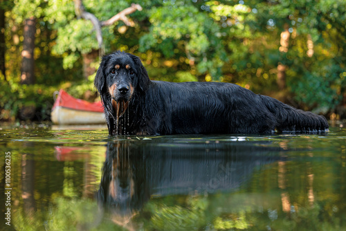 male black and gold Hovie dog portrait in the river water photo