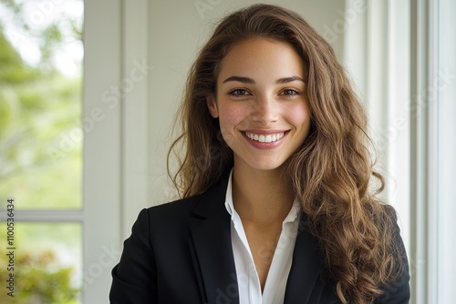 Professional woman smiling in a bright office setting with natural light during the day Free Download Professional woman smiling in a bright office setting with natural light during the day - GFXLoad