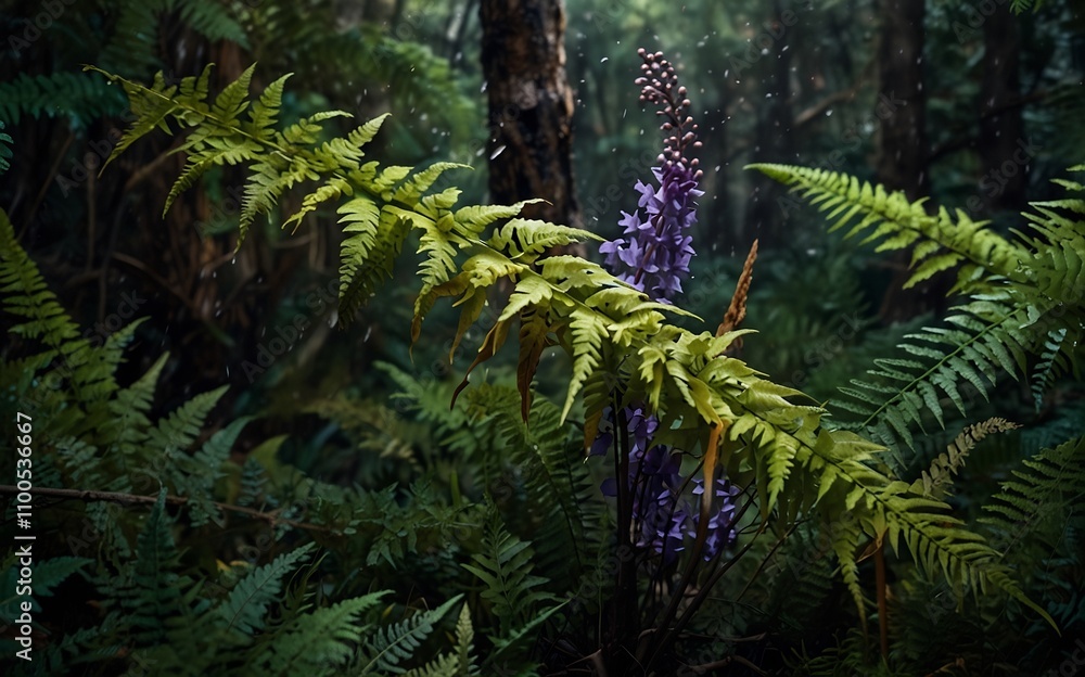 Dark green wood pieces splinter and scatter, fern leaves fluttering in the chaos, lavender petals swirling in an amber-like liquid tornado. Dark green wood pieces splinter and scatter, fern leaves fluttering in the chaos, lavender petals swirling in an amber-like liquid tornado.