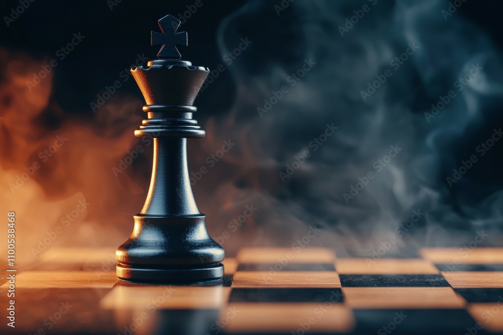 A black chess piece is on a checkered board with smoke in the background A black chess piece is on a checkered board with smoke in the background