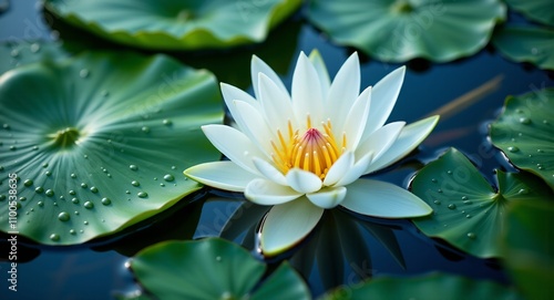 The lily, or nymphaea. White lily. Beautiful lotus-like petals lying on the water, large green lily leaves in the background. For posters, banners, backgrounds. With copy space. photo