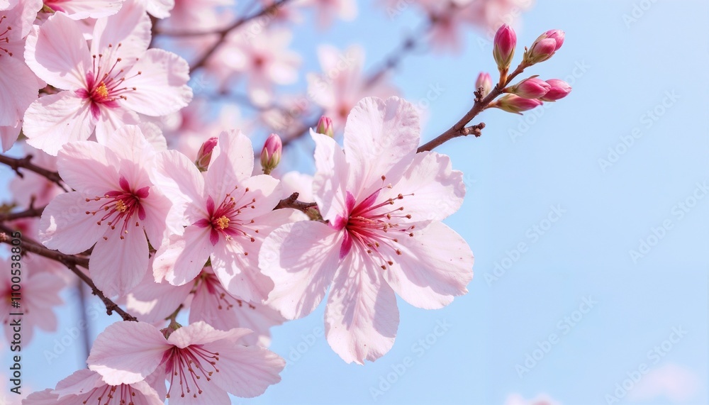 Fototapeta premium Cherry blossom branch in full bloom against a clear blue sky, showcasing delicate petals