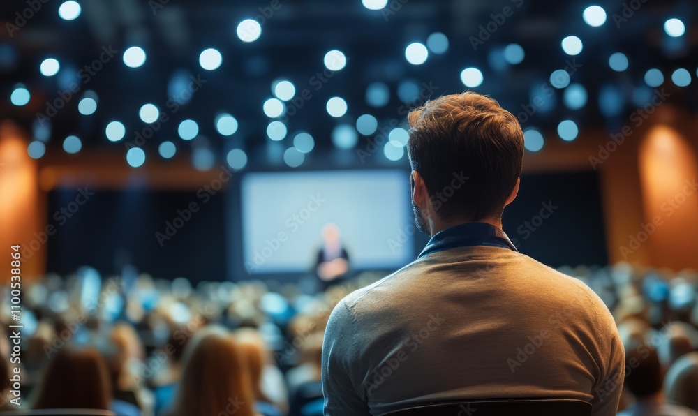 Rear view of people in audience at the conference hall, Speaker giving a talk in conference hall at business event
