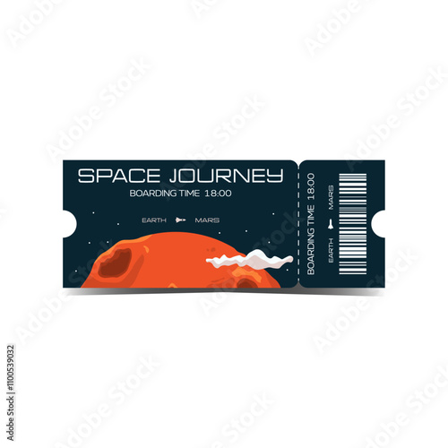 Vector ticket template with dark blue space background and Mars planet. Hand drawn celestial bodies in cartoon stylization. Admission for planetarium, exhibition and show