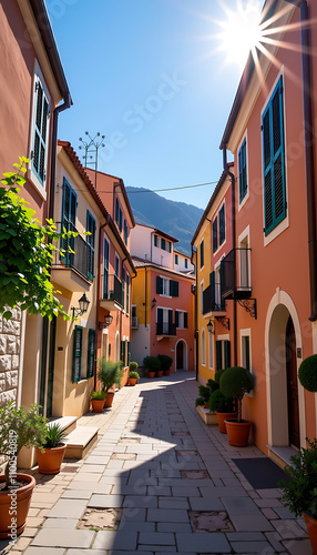 Sunny Mediterranean village street pastel orange peach buildings summer holiday vacation 
