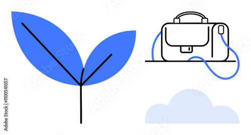Plant with blue leaves, briefcase with wire, and light gray cloud portrayed in minimalist style. Ideal for business growth, sustainability, professionalism, cloud computing, technology, ecological