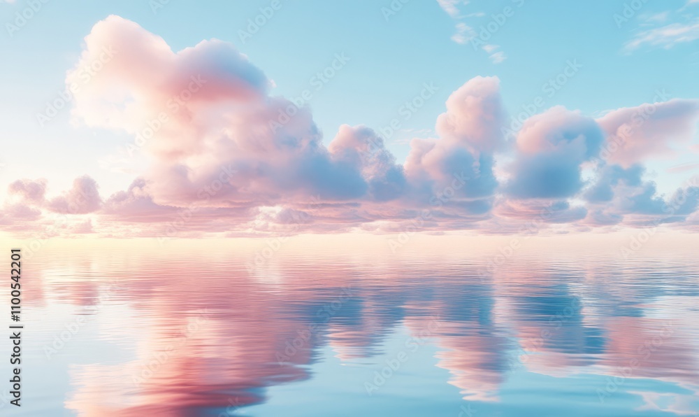 Obraz premium Soft pink and blue clouds floating above a tranquil sea at sunset, blending harmoniously with the water
