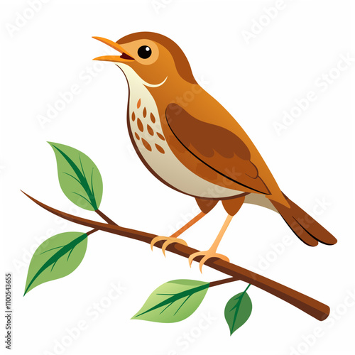 A beautiful vector illustration of a Hermit Thrush bird singing melodiously while perched on a tree branch, perfect for nature, birdwatching, and wildlife-inspired designs.

