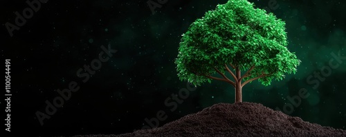 A vibrant tree stands atop a mound of soil against a dark, starry background, symbolizing growth and nature.