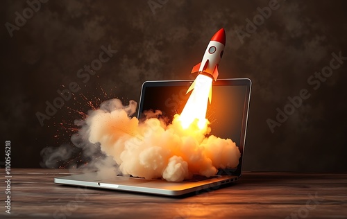 Launching Space Rocket From Laptop Screen. Generative AI