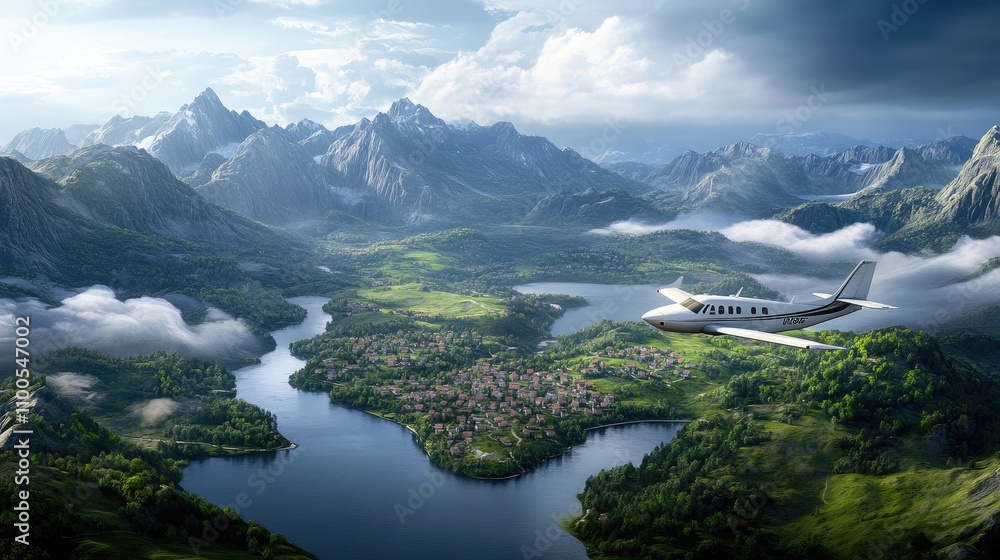 A small aircraft soars above a charming mountain village nestled in a lush valley, surrounded by towering mountains under a clear blue sky during the day A small aircraft soars above a charming mountain village nestled in a lush valley, surrounded by towering mountains under a clear blue sky during the day