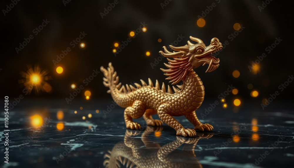 Fototapeta premium Dragon Figurine Amidst Festive Lights