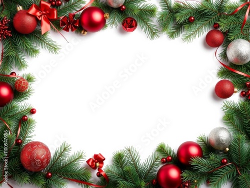 Christmas greeting card with text space in center, adorned with festive balls and green branches as a frame on a plain background, New Year, festive decor