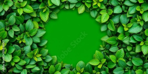 Circular frame made of green leaves on a light green background with empty space in the middle, empty, copy space