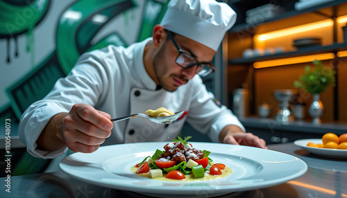 Chef prepares gourmet dish  brown meat, yellow sauce  elegant food photography  culinary artistry  delicious food  restaurant promotion 
