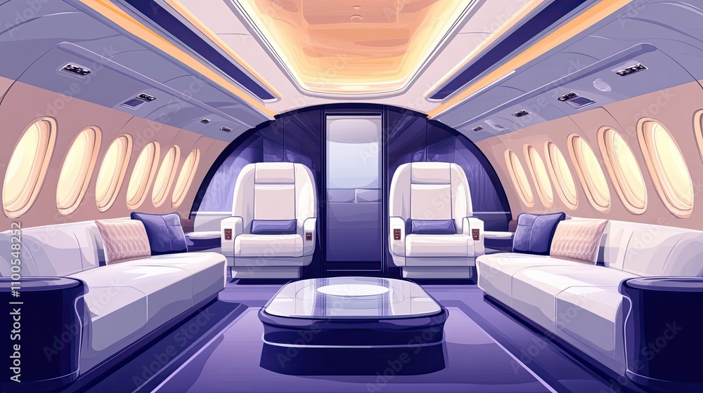 Fototapeta premium Luxurious Private Jet Interior with White Leather Seats and a Glass Table