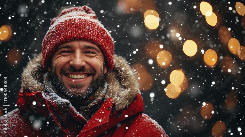 Joyful Man in Snow with Holiday Lights Background Joyful Man in Snow with Holiday Lights Background