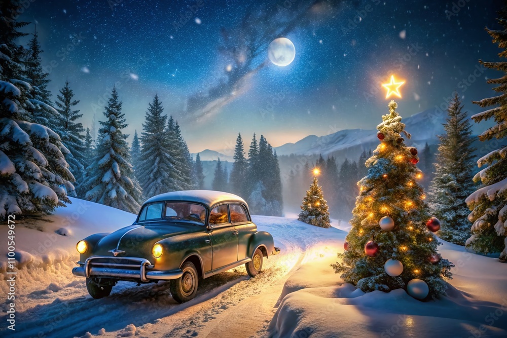 A Classic Car Driving Through a Snowy Landscape at Night with a Christmas Tree on the Roof, Capturing the Essence of Holiday Cheer and Winter Wonderland Magic A Classic Car Driving Through a Snowy Landscape at Night with a Christmas Tree on the Roof, Capturing the Essence of Holiday Cheer and Winter Wonderland Magic