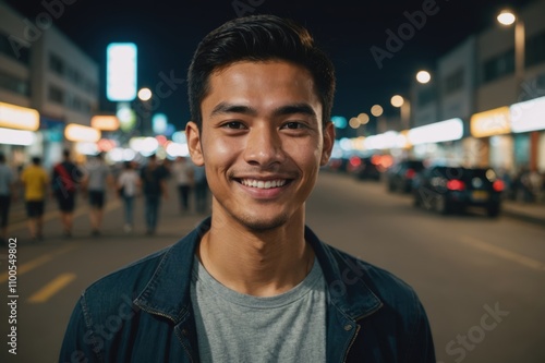 Close portrait of a smiling young Bruneian man looking at the camera, Bruneian city outdoors at night blurred background photo