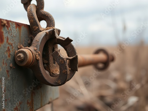 rusty metal chain attached to a rusted metal pole in a field.