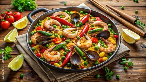 A Colorful Paella Dish Featuring Fresh Seafood, Vibrant Vegetables, and Fluffy Rice, Perfectly Captured for Culinary Enthusiasts and Food Lovers in a Bright, Inviting Setting