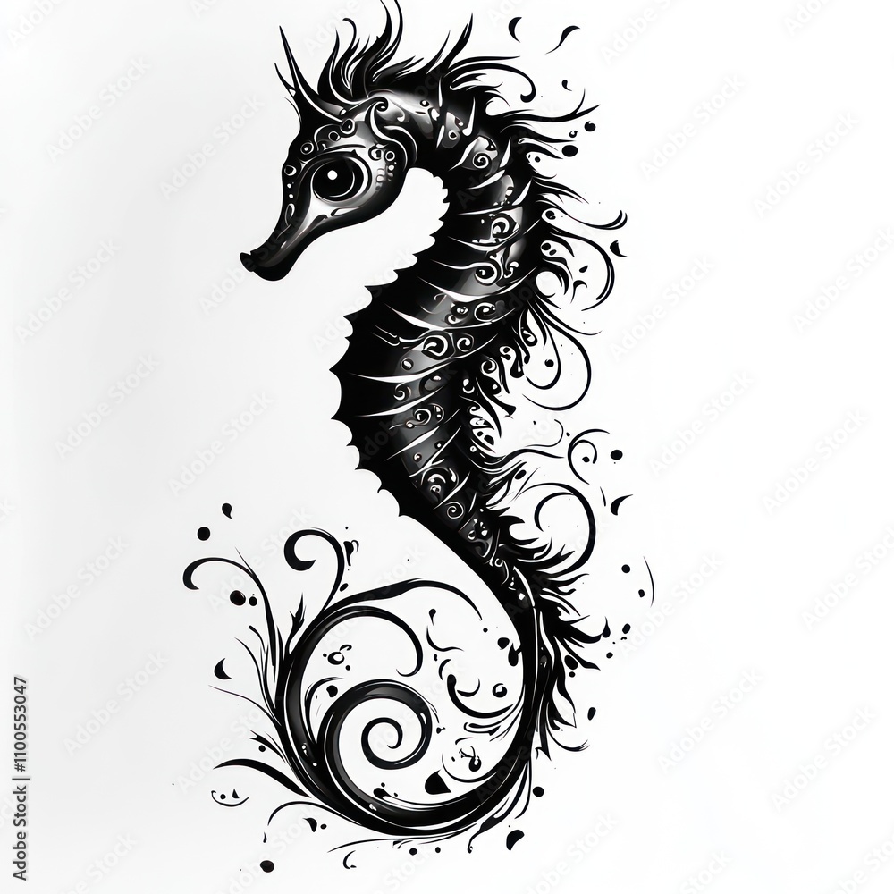 Fototapeta premium A stylized black and white seahorse with intricate floral designs.