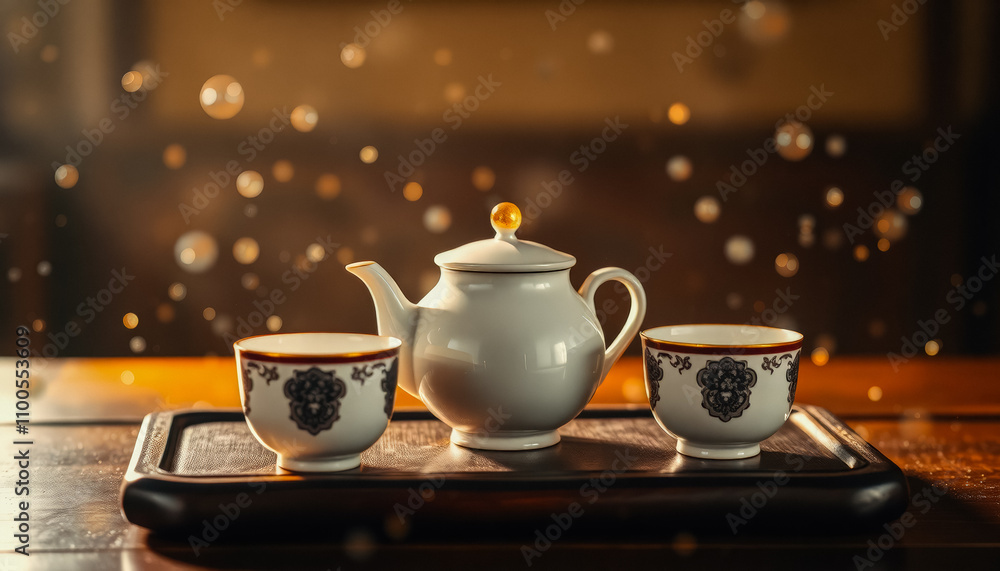 Fototapeta premium Elegant Tea Set on Wooden Table for Chinese New Year