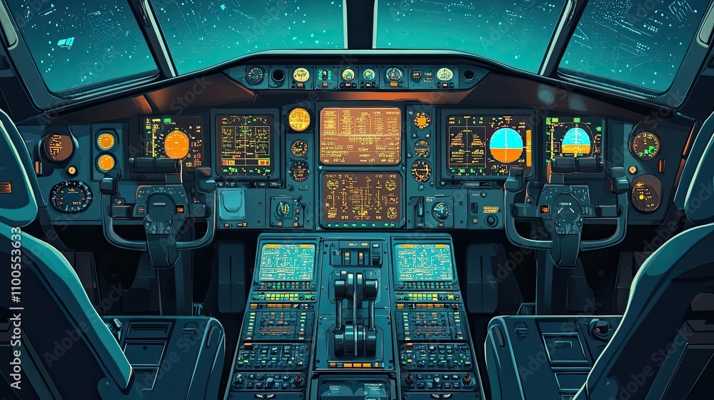Fototapeta premium Night Flight: An Airplane Cockpit with Starry Sky View
