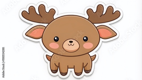 Adorable Chibi Moose Sticker Design - Cute and Dreamy Flat Illustration on White Background with Die Cut Border for Creative Projects and Fun Decor photo