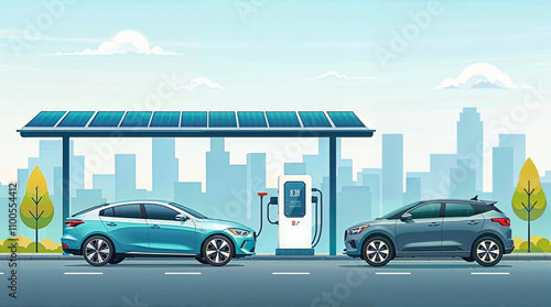 Two electric cars are charging at a solar-powered station, while protected by a canopy with the city skyline in the background