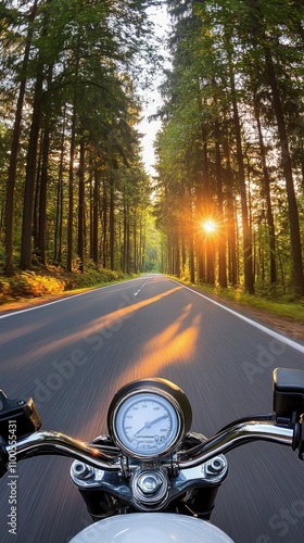Wallpaper Mural A person enjoys a leisurely motorcycle ride along a peaceful road surrounded by tall trees, with the warm golden light of sunset filtering through the forest canopy Torontodigital.ca
