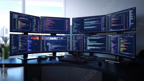 High-Tech Workspace Featuring Multiple Computer Monitors Displaying Coding Screens photo