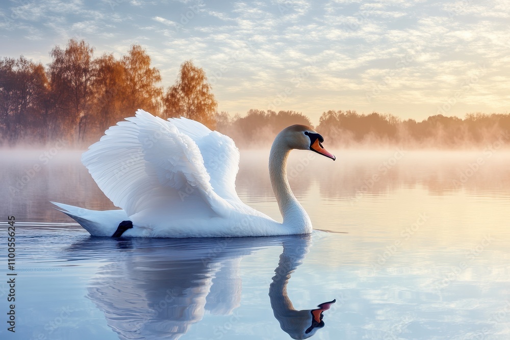 Fototapeta premium Silent swan moving through a foggy lake at dawn Enchanting morning scene serene beauty fairy tale atmosphere