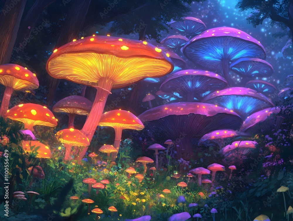 Fototapeta premium A meadow full of gigantic glowing mushrooms