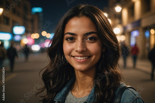 Wallpaper Mural Close portrait of a smiling young Egyptian woman looking at the camera, Egyptian city outdoors at night blurred background Torontodigital.ca