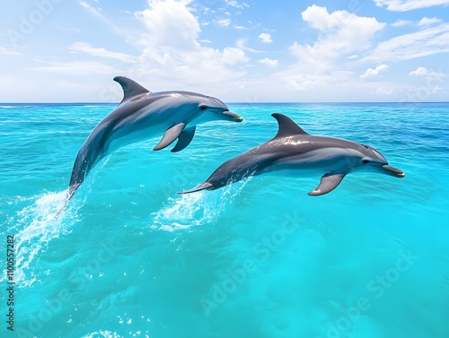 A pair of dolphins jumping in clear turquoise water photo