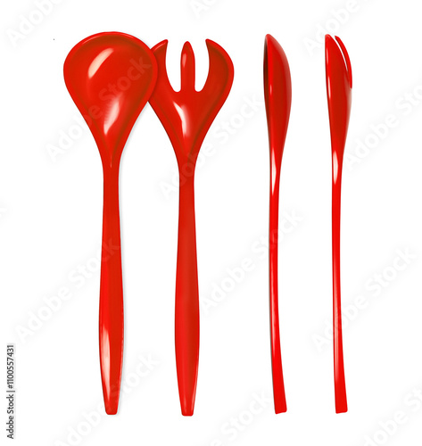 Red fork and spoon isolated on white background. Red colour objects. Eating. Salad set fork and spoon. Kitchenwear. Tablewear. Simplicity. Product design. Comfort. Kitchen utensil photo