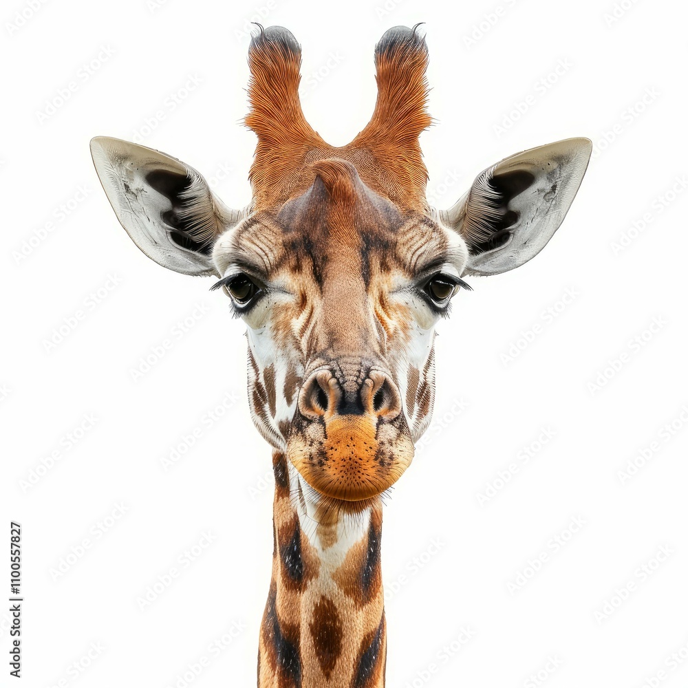Obraz premium Portrait of a curious giraffe looking at the camera against a white background